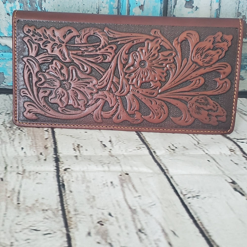 Tooled Leather Long Bi-Fold Wallet, Brown